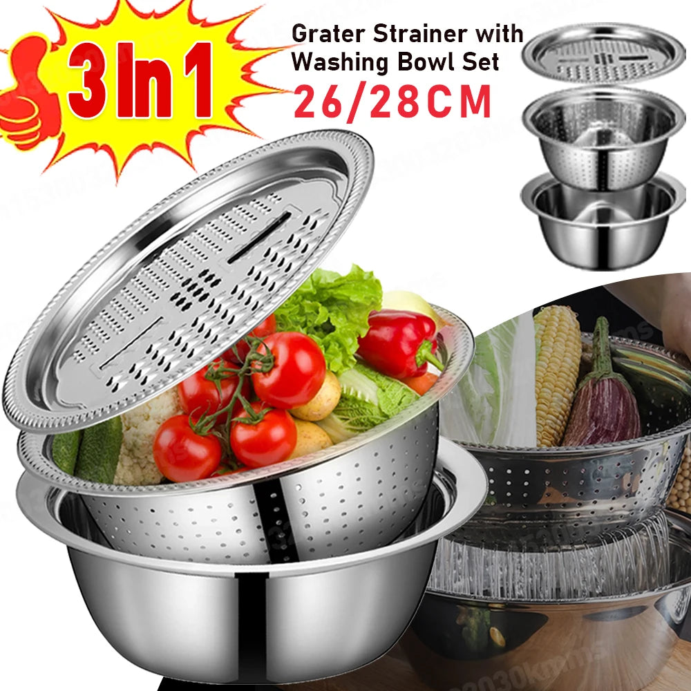 Multifunctional stainless steel kitchen set: grater, slicer, drain basket