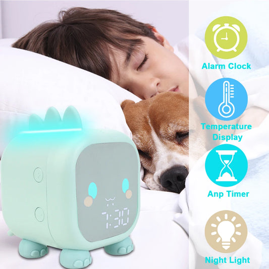 Kids' alarm clock with LED display, temperature, voice control, dino design.