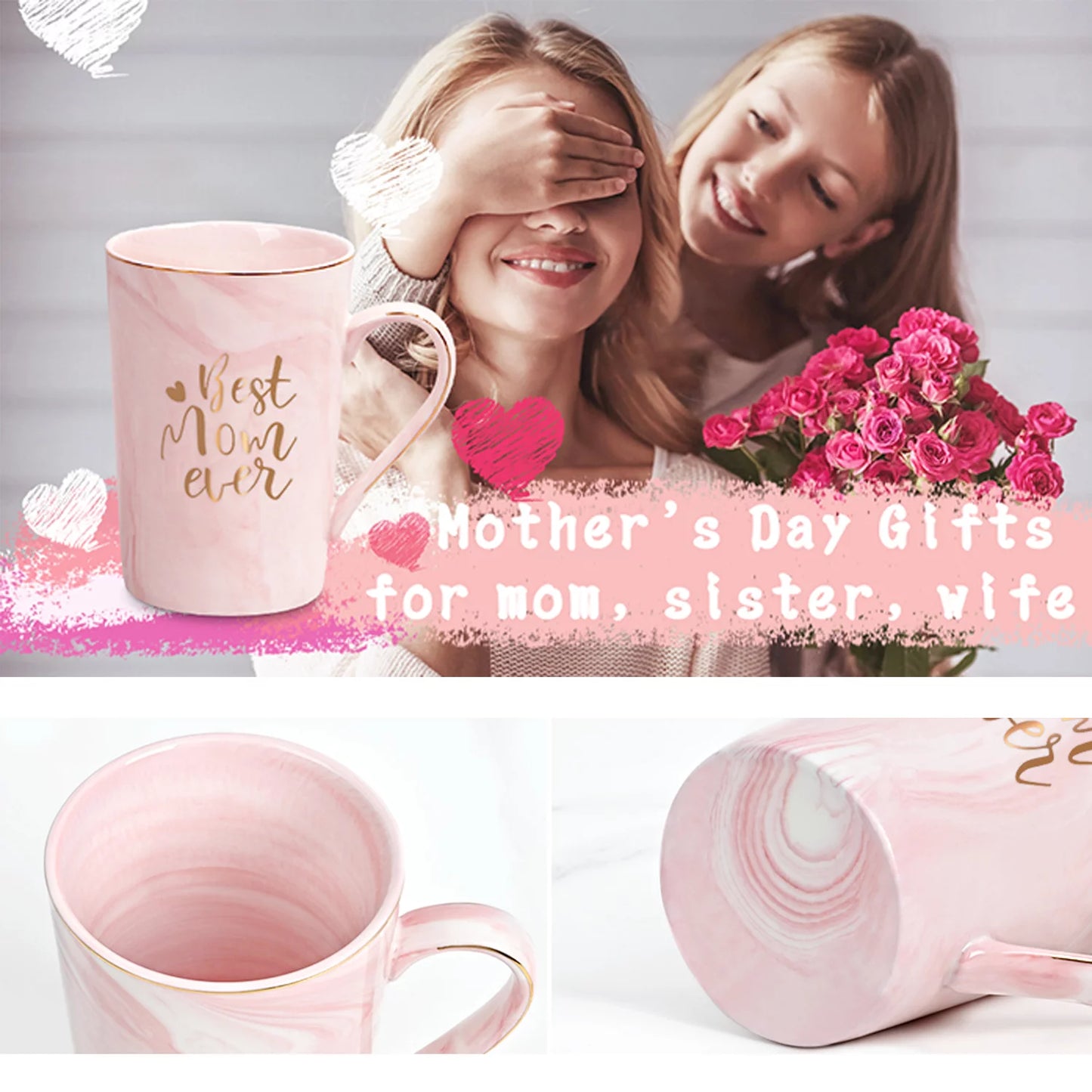 Gifts for Mom - Best Mom Ever Coffee Mug, Best Mom Gifts for Mothers Day, Birthday Gifts, Mother'S Day Gifts, Christmas Gifts,  14 Fl Oz Pink Marble Coffee Mugs Ceramic Mug Tea Cup