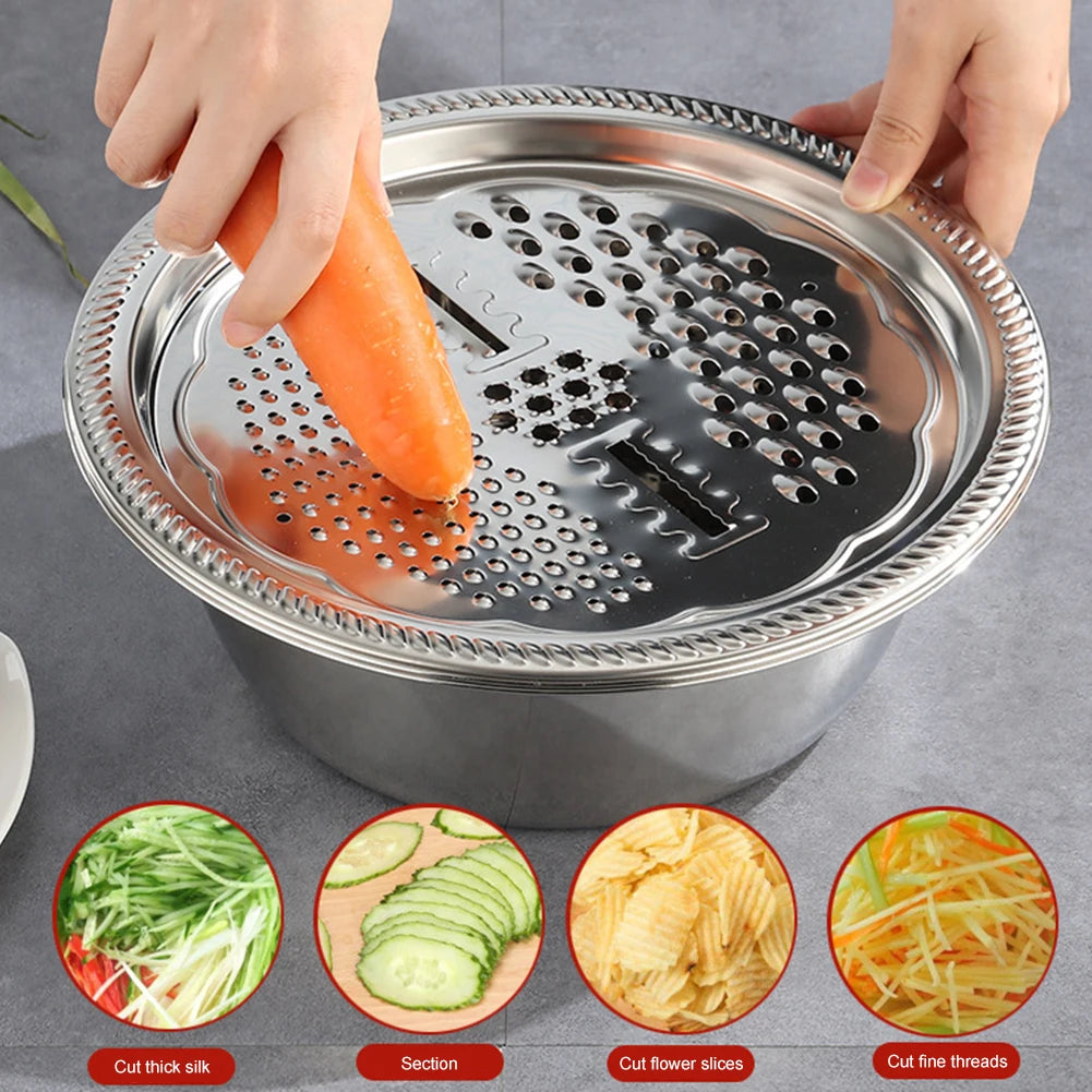 3 in 1 Multifunctional Stainless Steel Kitchen Graters Vegetable Slicer Vegetable Cutter Drain Basket Set Fruit Drain Basin