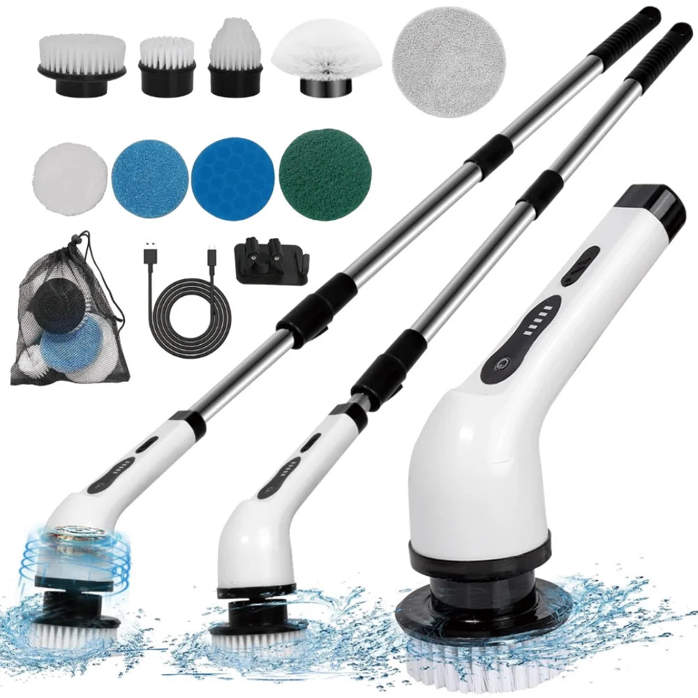 Electric Spin Scrubber, Cordless Cleaning Brush Waterproof with 9 Replaceable Brush Heads, 1.5H Power Dual Speed, 2024 New Shower Scrubber with Extension Handle for Bathroom Tub Tile Floor Car