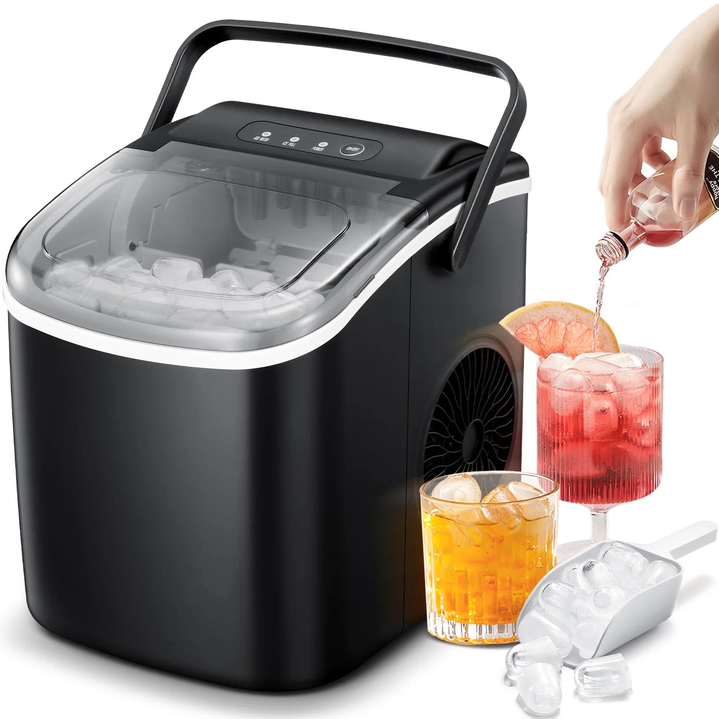 Countertop Ice Maker, Self-Cleaning Portable Ice Maker Machine with Handle, 9 Bullet-Shaped Ice Cubes Ready in 6 Mins, 26Lbs/24H with Ice Scoop and Basket for Home/Kitchen/Party