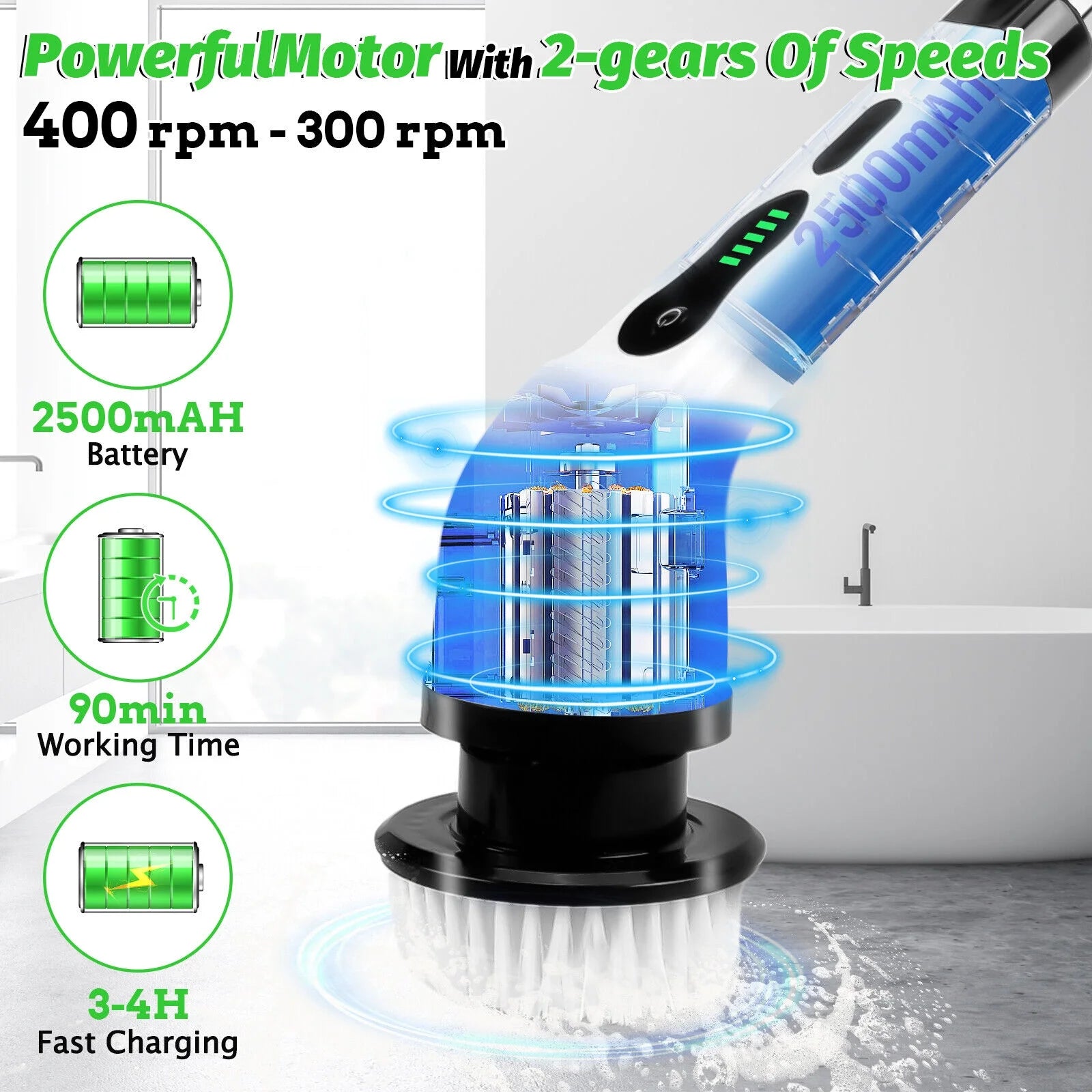 Electric Spin Scrubber, Cordless Cleaning Brush Waterproof with 9 Replaceable Brush Heads, 1.5H Power Dual Speed, 2024 New Shower Scrubber with Extension Handle for Bathroom Tub Tile Floor Car