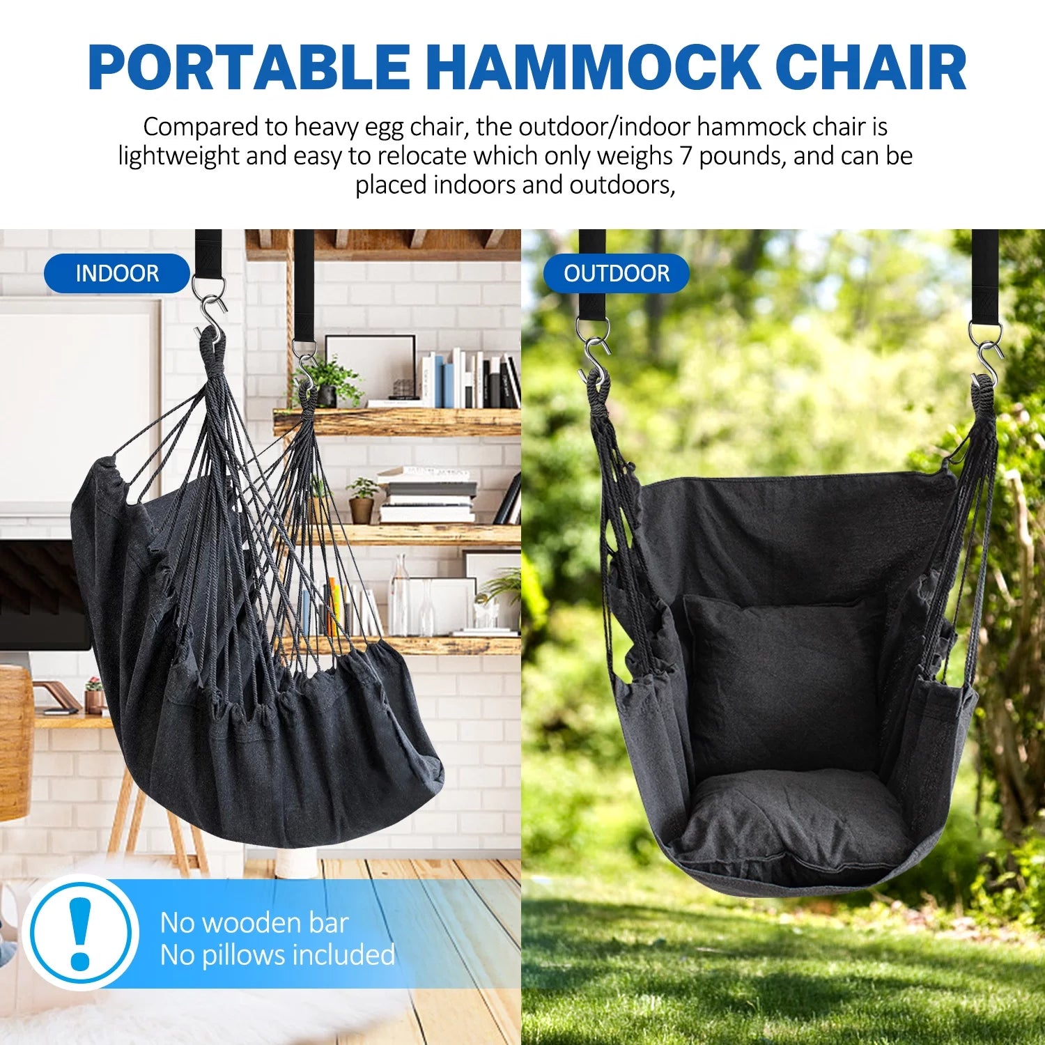 Hammock Chair Hammock Swing Chair Hanging Swing, Max 300 Lbs Portable Hanging Hammock Chair with Pocket- Perfect for Outdoor, Home, Bedroom, Patio, Yard ,Balcony (Dark Gray)