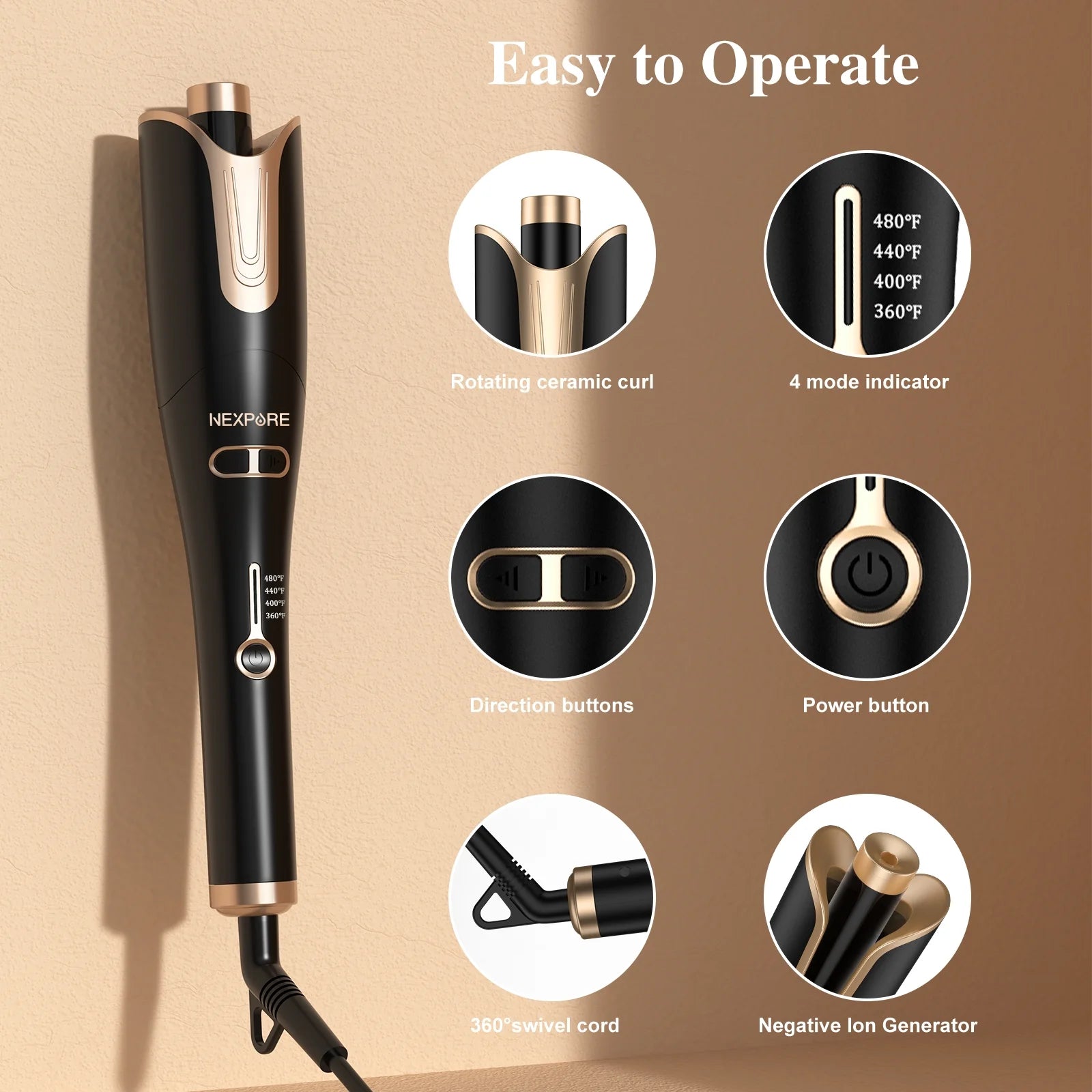 Curling Irons,Curling Iron Professional with 1" Large Rotating Barrel,Salon Curl Hair,Gold