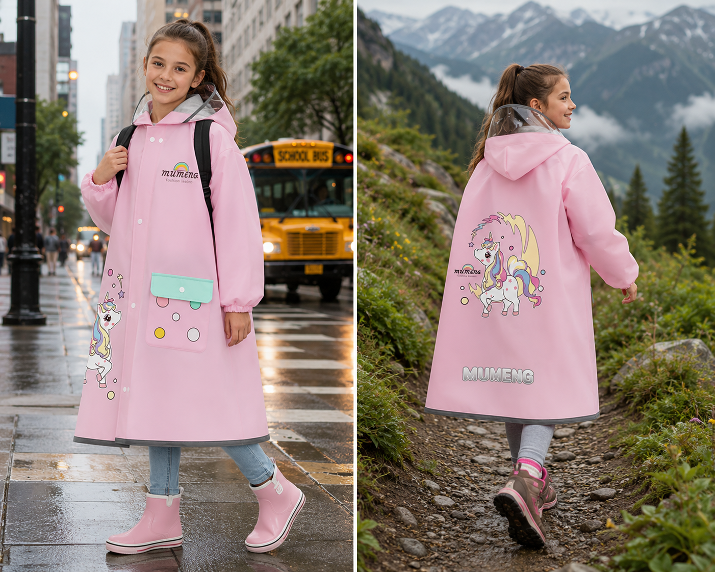 Pelerina de ploaie pentru copii ATOM Deals® unicorn roz, impermeabila EVA, protectie ghiozdan, gluga cu cozoroc transparent, benzi reflectorizante, sac depozitare inclus