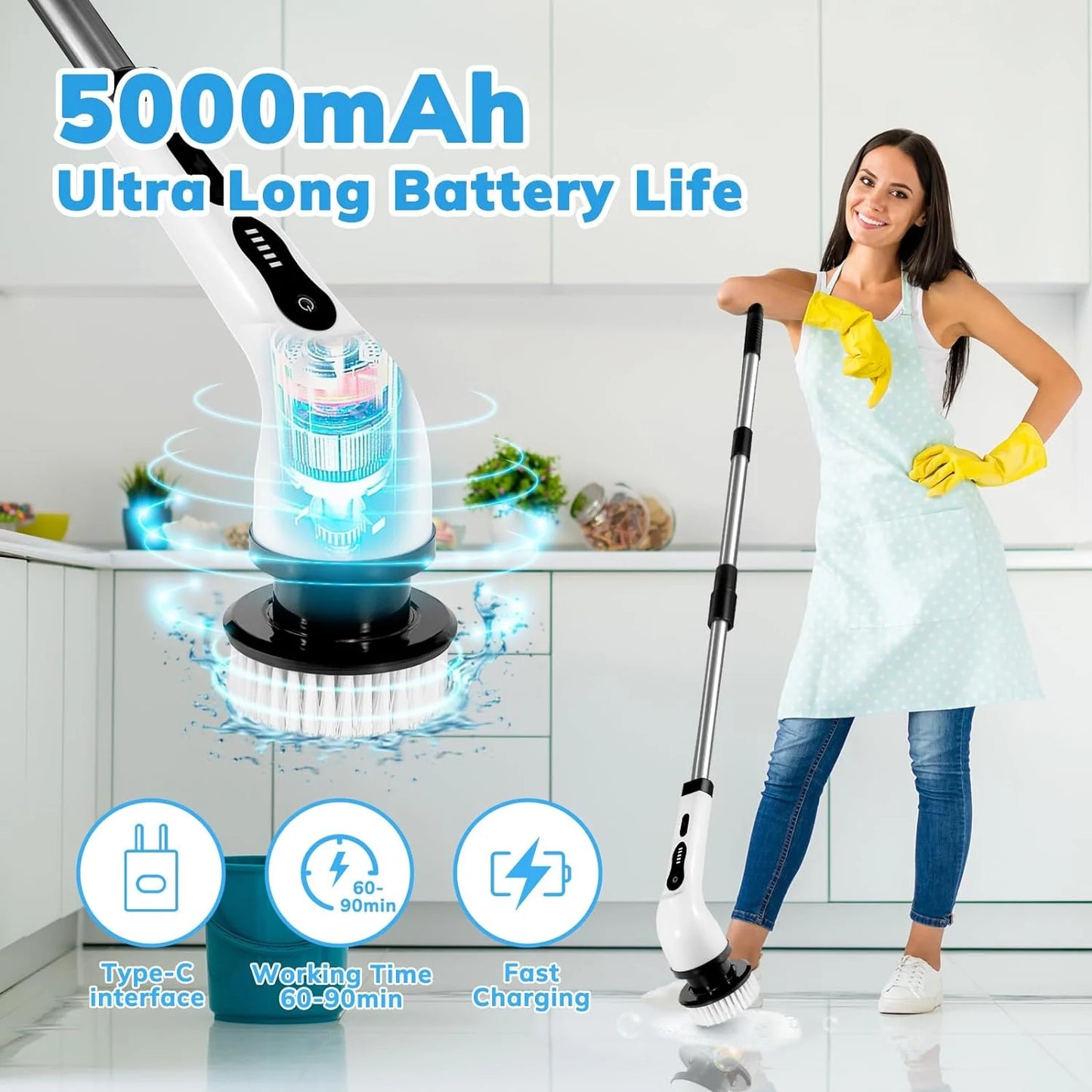 Electric Spin Scrubber, Cordless Cleaning Brush Waterproof with 9 Replaceable Brush Heads, 1.5H Power Dual Speed, 2024 New Shower Scrubber with Extension Handle for Bathroom Tub Tile Floor Car