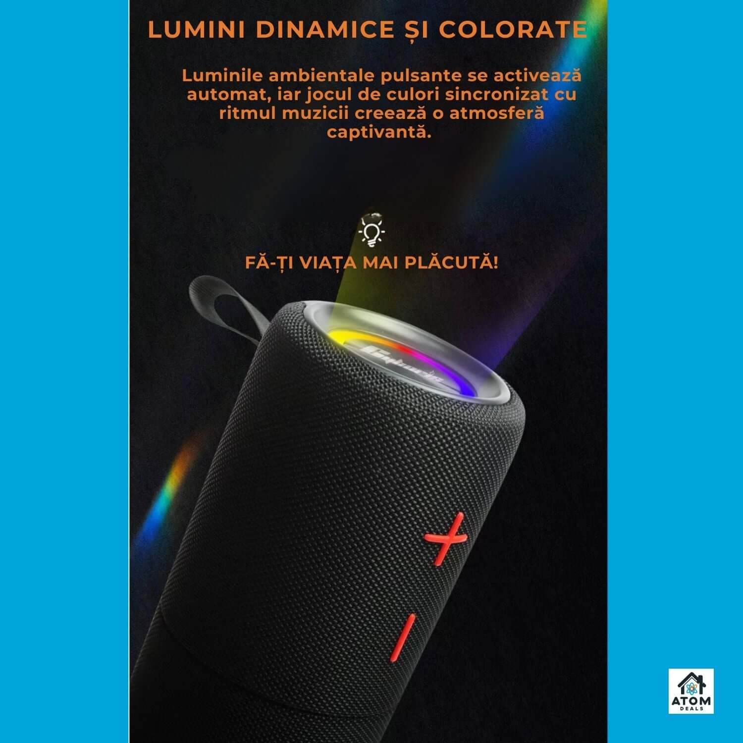 Boxa Bluetooth Portabila 40W (2x20W), Bass Puternic, IPX6 Waterproof, Autonomie 20h, TWS, LED RGB ATOM Deals