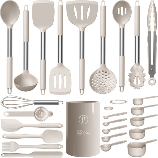 Silicone Cooking Utensils Set - Heat Resistant Stainless Steel Kitchen Utensils, Baking Tools Kitchen Gadgets,Turner, Tongs,Spatula,Spoon,Brush,Whisk,Non-Stick, Dishwasher Safe,Bpa FREE (Khaki)