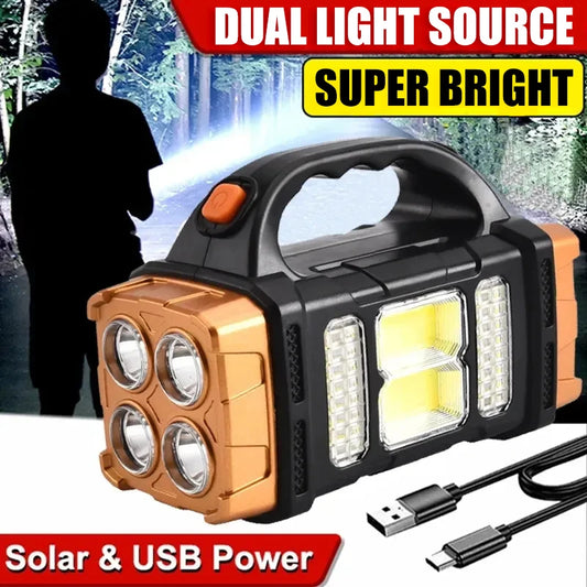 Portable Solar USB Rechargeable Flashlight with COB Work Light